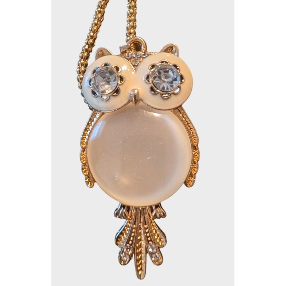 Vintage Owl Pendant Necklace Gold Tone White Jelly Belly Rhinestone Long Chain